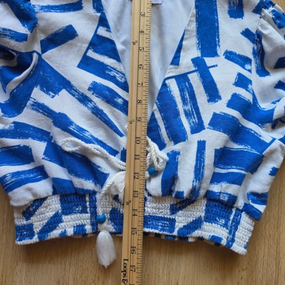 House of Harlow 1960 Blue White Abstract Brushstroke Linen Blend Crop Top Medium - Picture 6 of 9